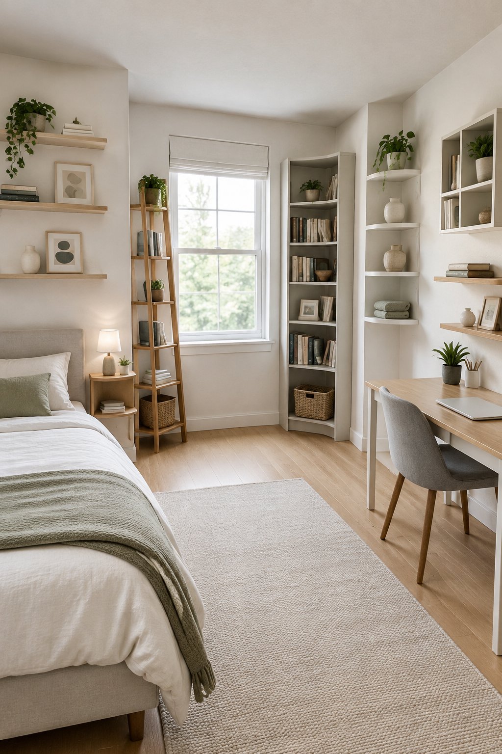 A compact bedroom with several corner shelves holding books and small decorative items.