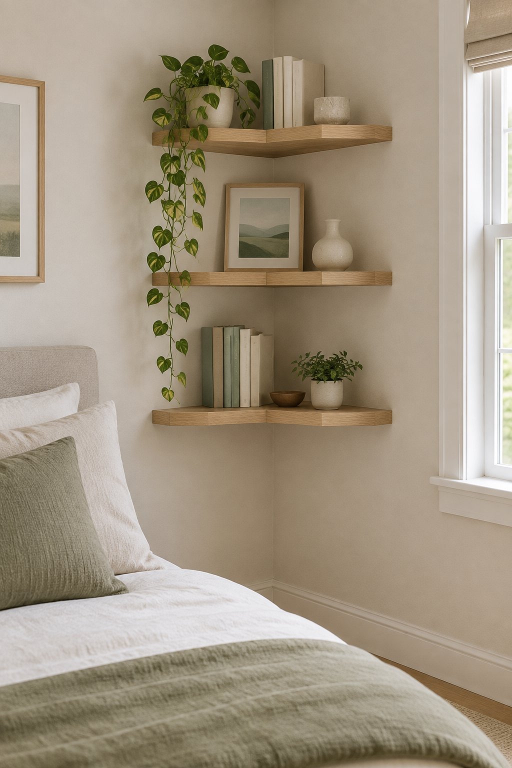 Floating wooden corner shelves display a plant, books, and small decorative objects above a bed.