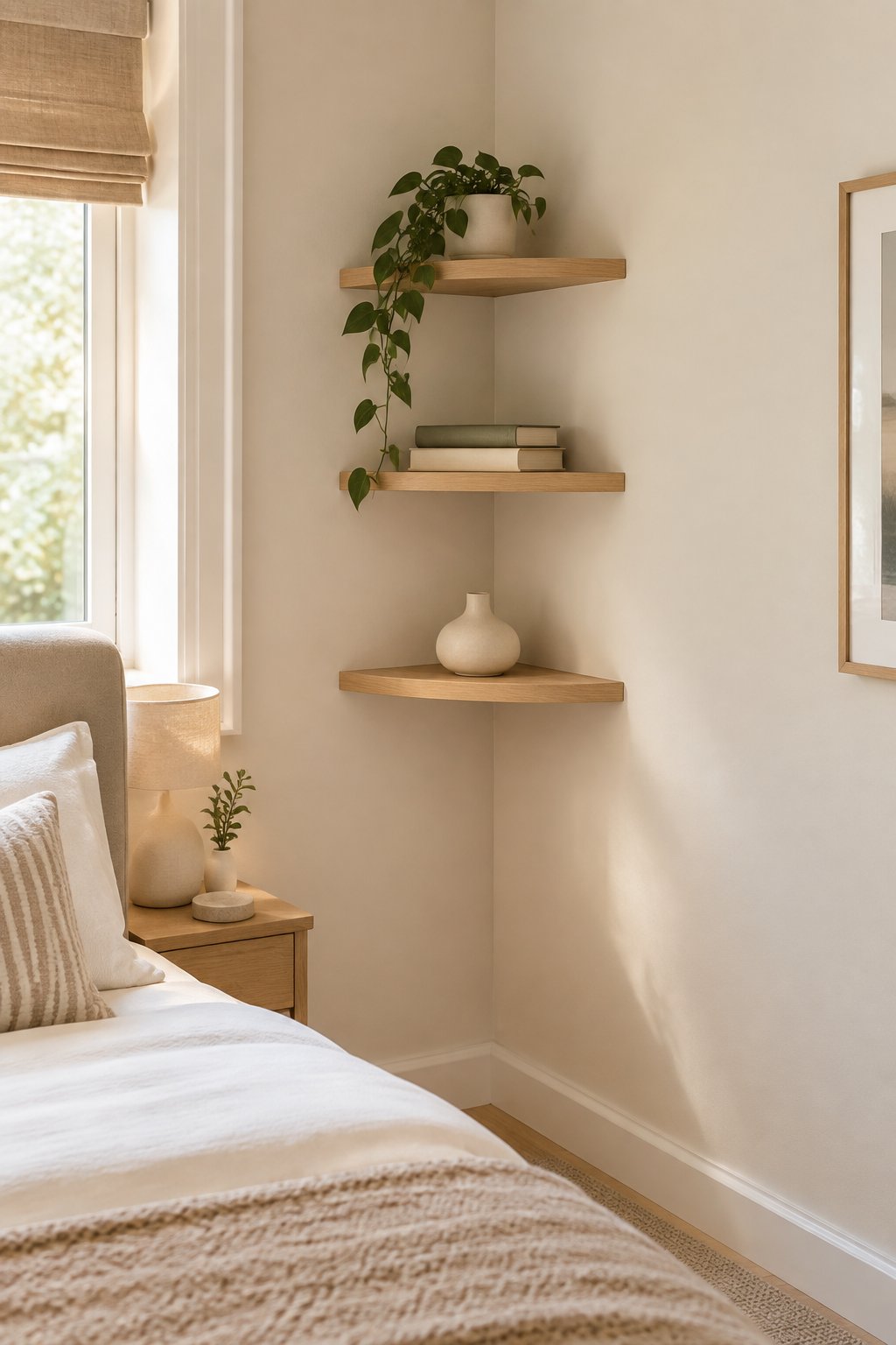 Three triangular shelves are mounted vertically in a bedroom corner.
