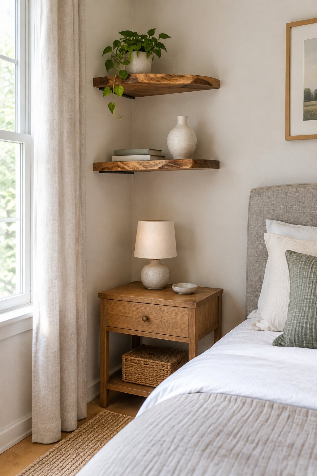 Wooden corner shelves holding a plant, a vase, and books in a small bedroom.