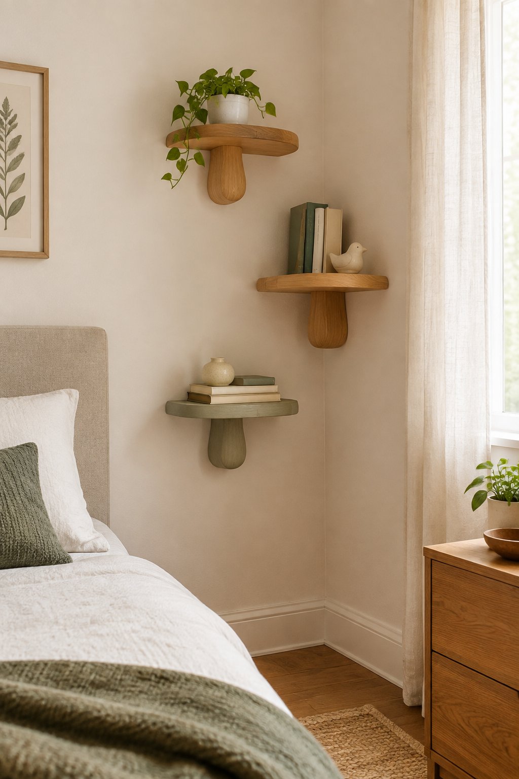 Mushroom-shaped floating shelves arranged in a bedroom corner.
