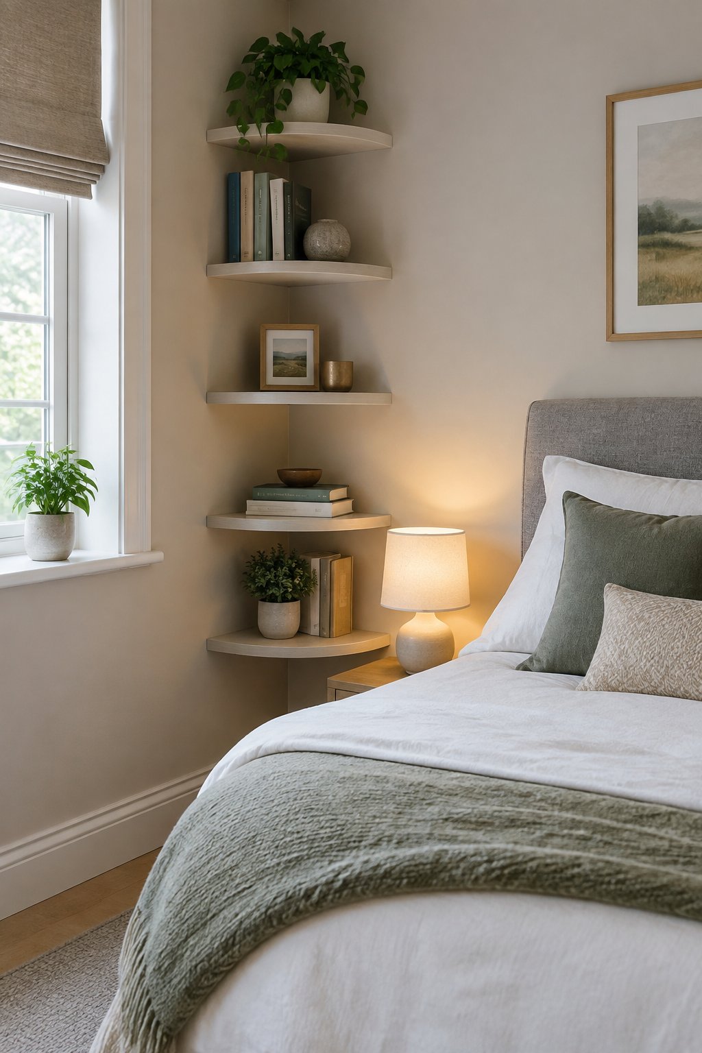 A bed beside rounded corner shelves holding books and a small plant.