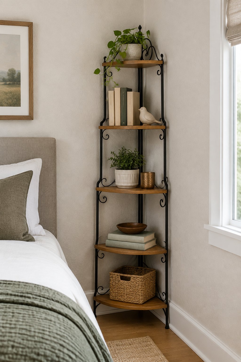 A wrought-iron and wood corner shelf holds books and a small plant in a bedroom.