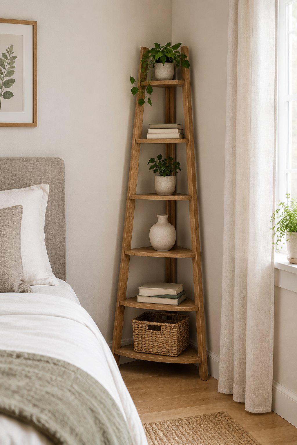 A freestanding ladder shelf with plants and books stands in the corner of a small bedroom.