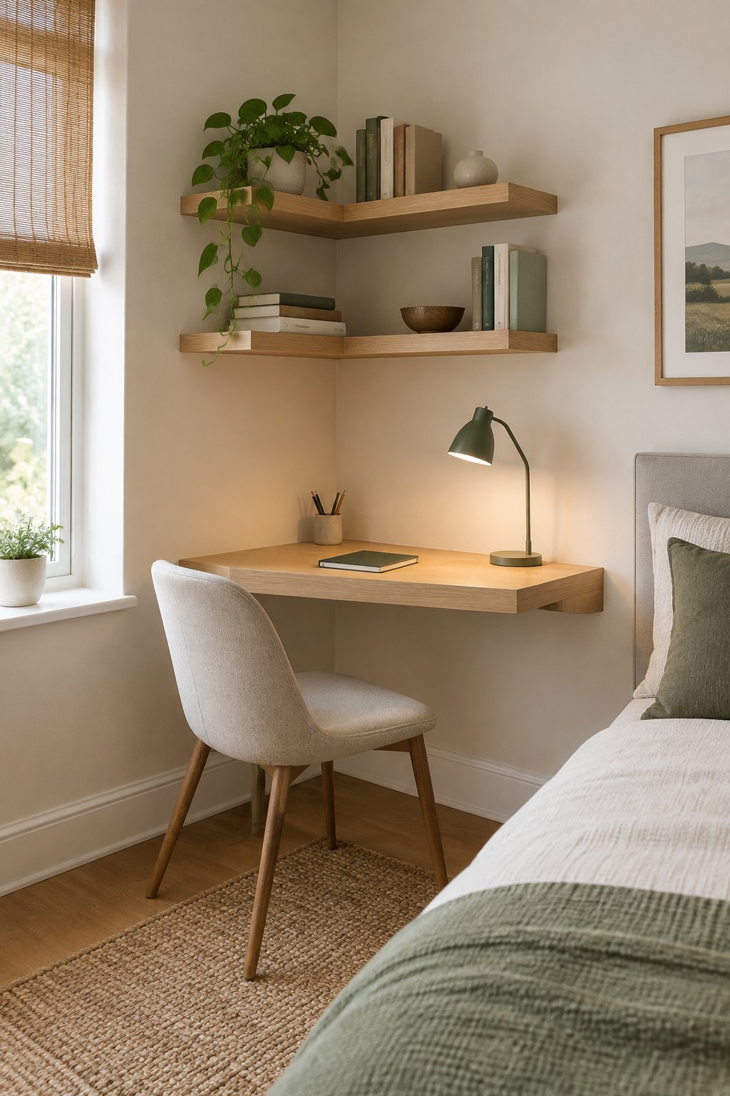 A small corner shelf with books and a plant hangs above a desk in a bedroom.