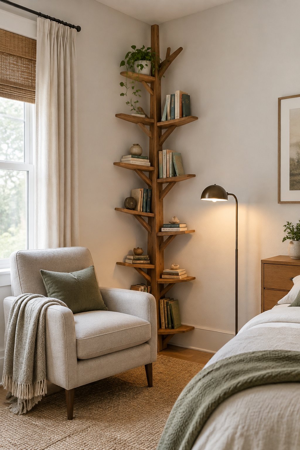 A branching corner bookshelf stands beside a reading chair in a small bedroom.