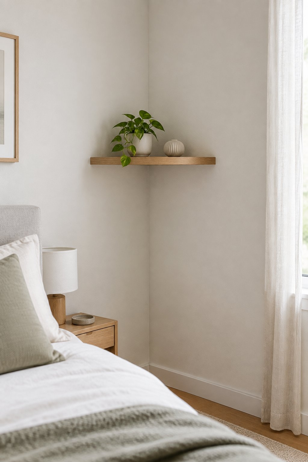 A small wooden shelf with a plant and decoration hangs in a bedroom corner.