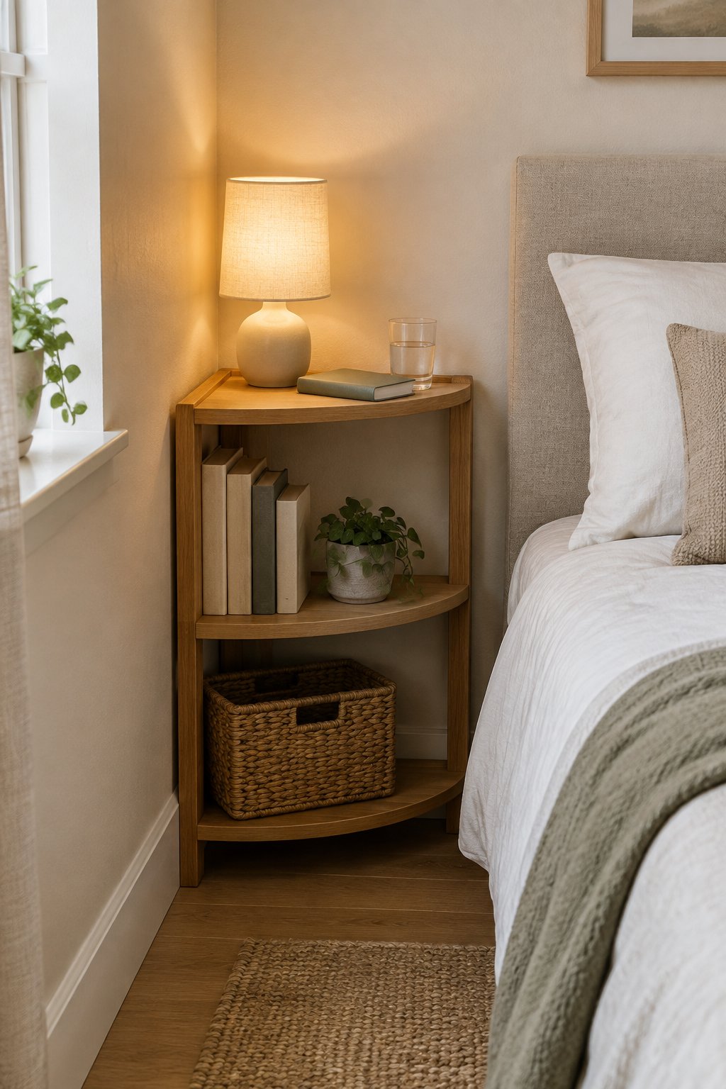 A corner shelf beside a bed holds a lamp, books, and a glass of water.