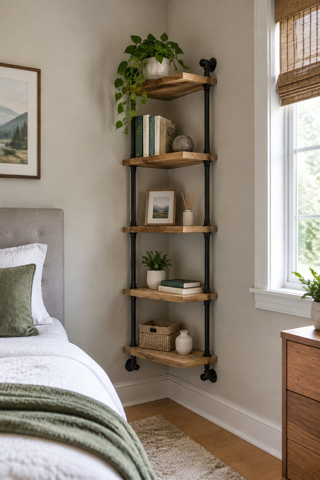 Wooden corner shelves with black pipe supports display books and a small plant in a bedroom.