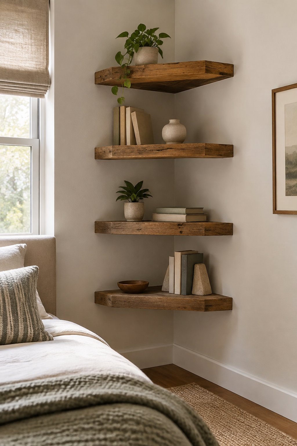 Wooden corner shelves with books and a potted plant in a small bedroom.