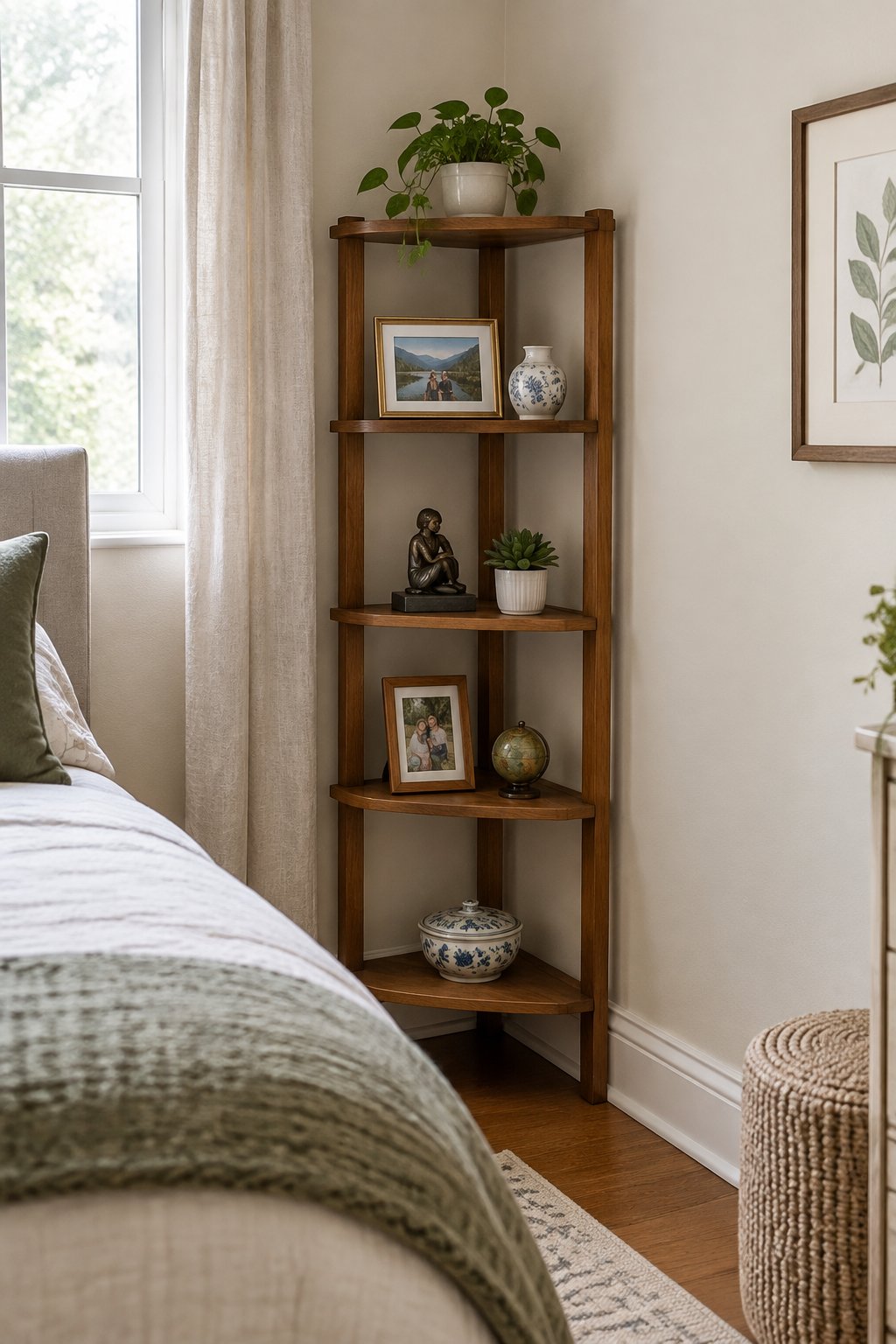 A corner shelf displaying framed photos and small collectibles in a bedroom.