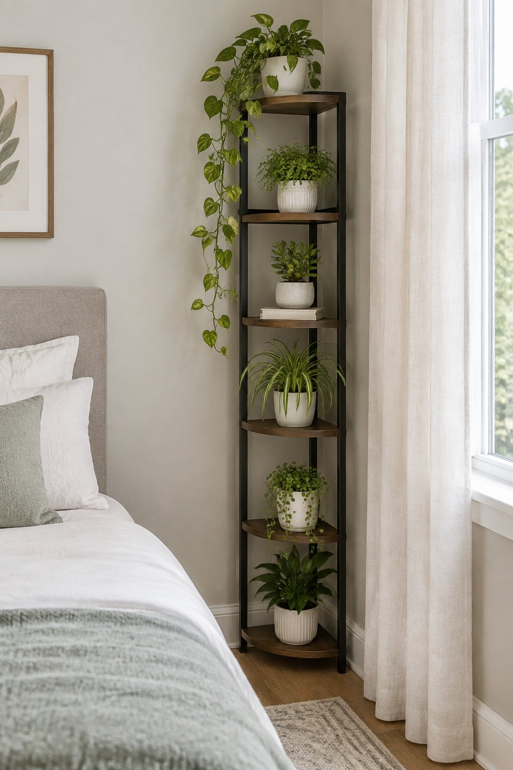 A tiered plant stand with potted plants in a bedroom corner.