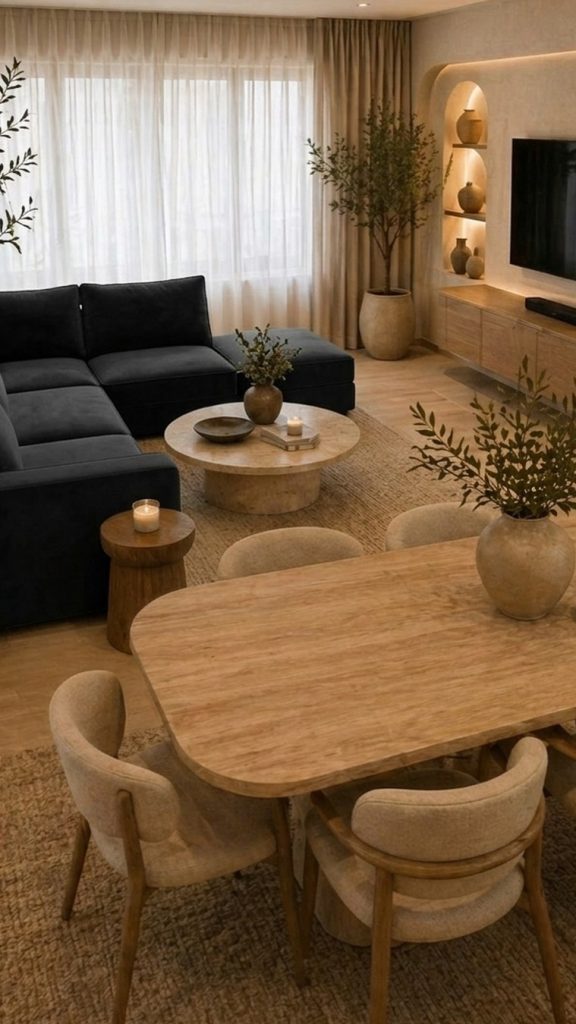 Dark Sofa with Earthy Stone and Arched Niches